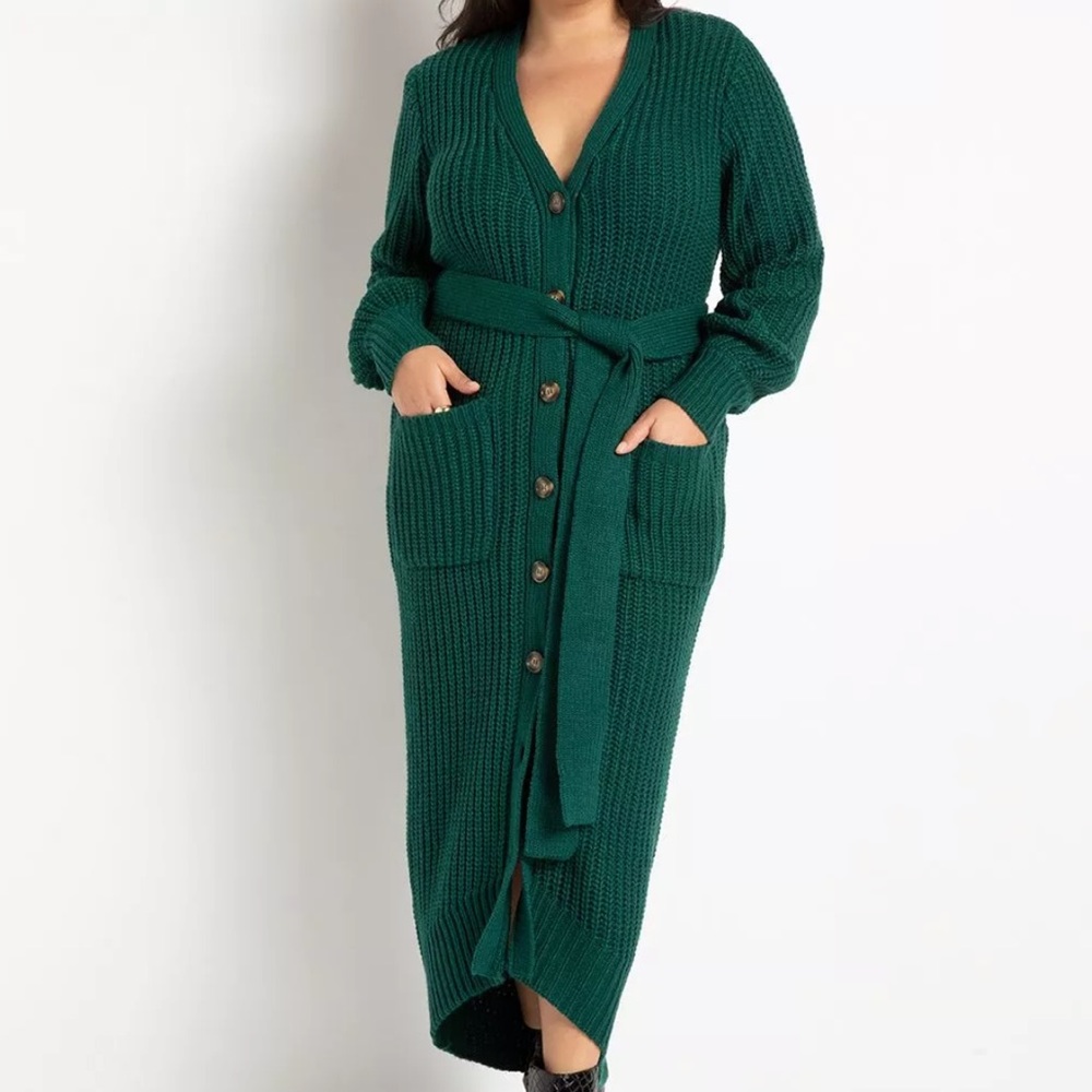 Eloquii Belted Cardigan Sweater Dress Green Plus Sz 22/24